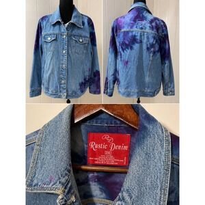 Rustic Denim Women's 2X Denim Jacket Purple Blue Tie Dye 100% Cotton Trucker Y2K